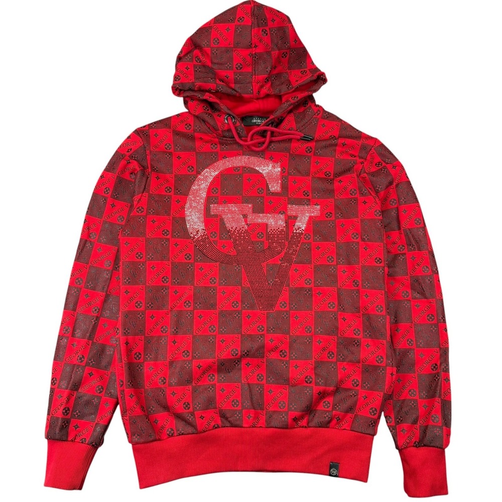 Avenue George V Paris Monogram Hoodie Mens M Red Rhinestone Streetwear Pullover